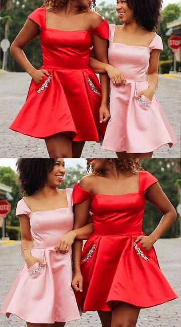 Cap Sleeves Satin Mini Homecoming Dress Red/ Pink Cocktail Party Dress cg3546