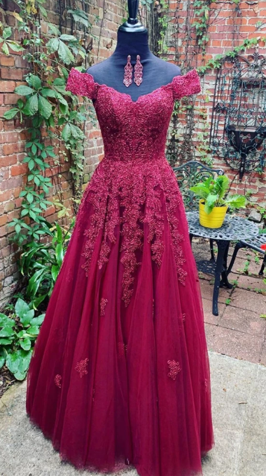 BURGUNDY OFF SHOULDER LACE TULLE LONG PROM DRESS BURGUNDY EVENING DRESS cg3566