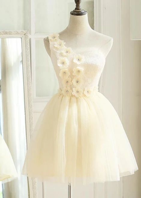 Cute Ivory Tulle One Shoulder Party Dress With Flowers, Cute Formal Dress, Teen Girls Homecoming Dresses  cg3668
