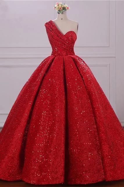 Ball Gown One Shoulder Sequins Red Sweetheart Prom Dresses cg3687