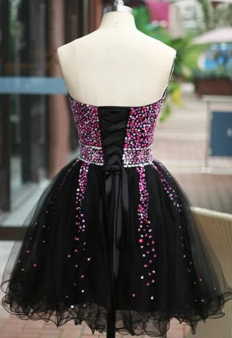 Lovely Beaded Black Tulle Short Homecoming Dress, Lace-Up Black Formal Dress cg3716