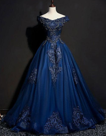Blue tulle lace off shoulder long prom dress blue tulle lace evening dress cg3718
