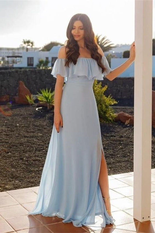 Flower Off The Shoulder Sky Blue Chiffon Long Elegant Prom Dresses cg3747