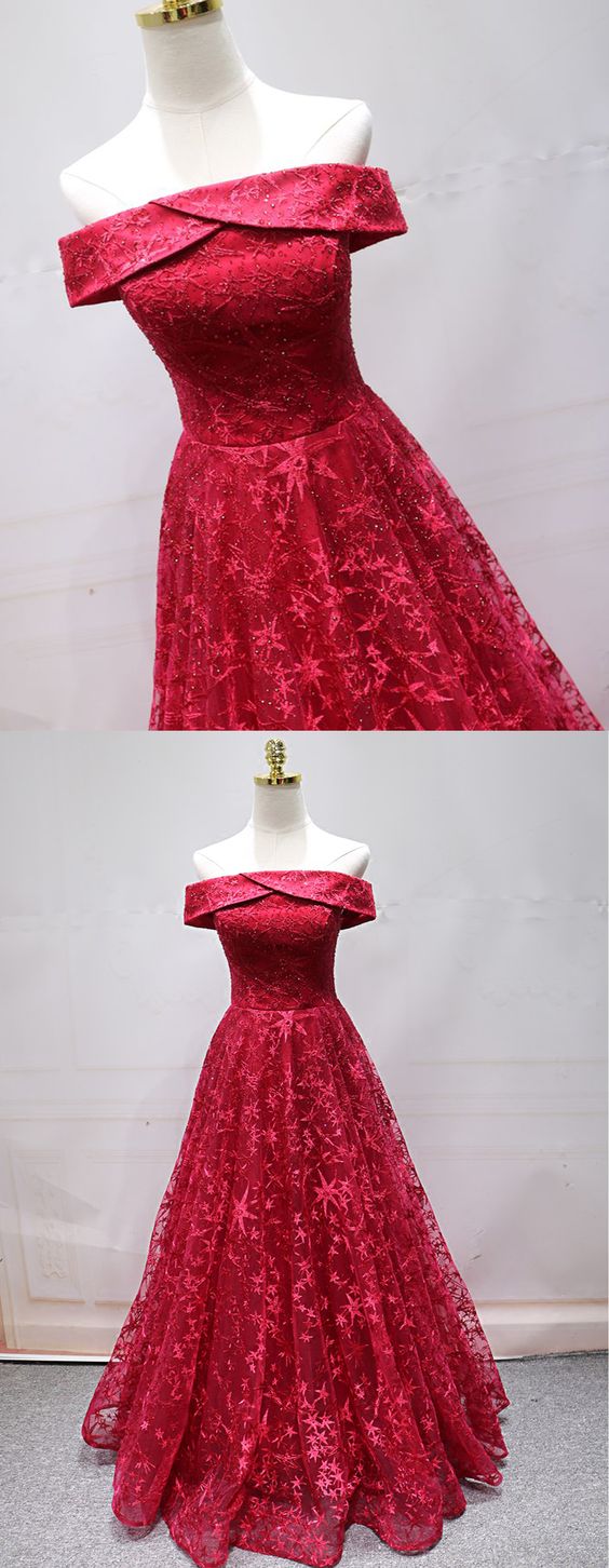 Red Lace Strapless Long Off Shoulder Line Prom Dress, Red Evening Dress cg3750