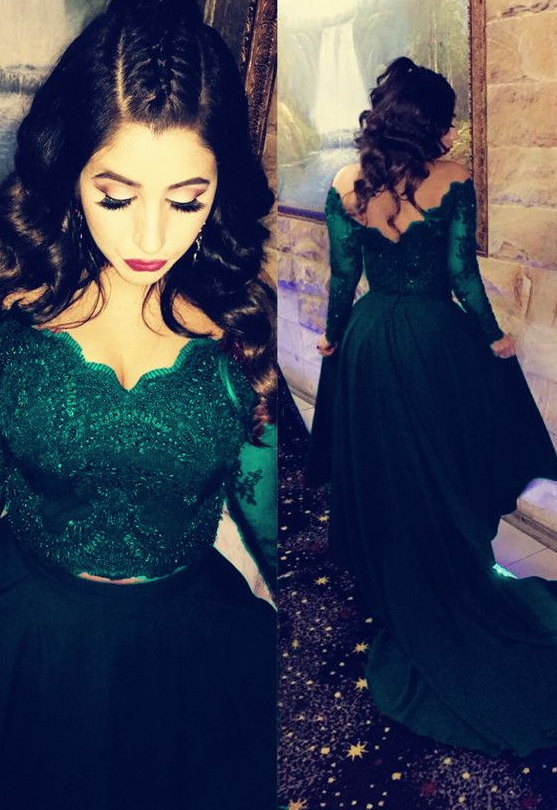 Elegant Long Sleeves Lace Crop Chiffon Prom Dresses Two Piece cg3767