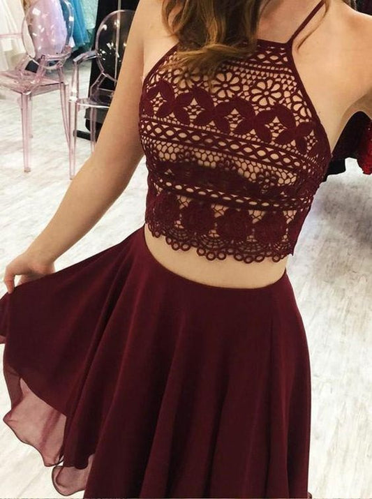 Two Piece Short Homecoming Dress, Burgundy Homecoming Dress cg378