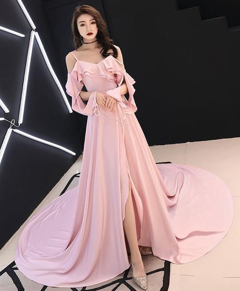 Simple Pink chiffon long prom dress pink evening dress cg3789