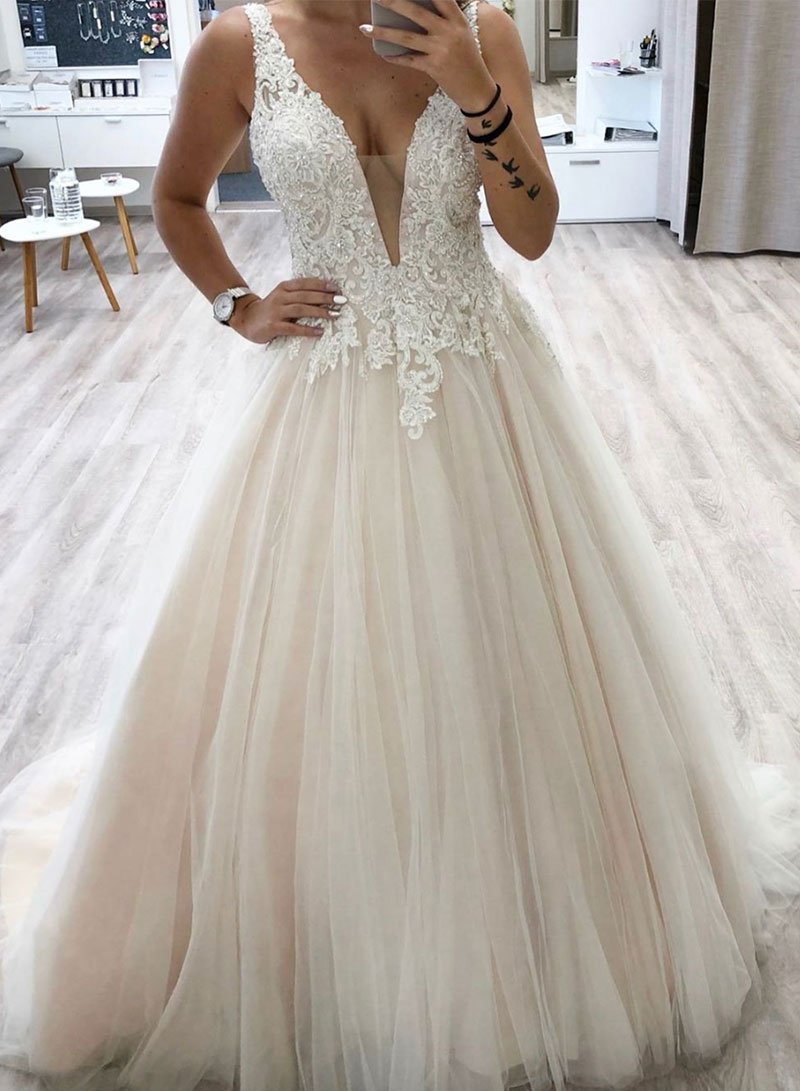Champagne tulle lace long prom dress, evening dress cg3797