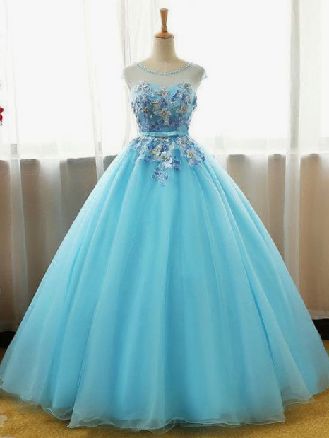 Fashion Blue Appliques Tulle Ball Gown Prom Dress, Blue Quinceanera Dress, Sweet 16 Dress cg3837