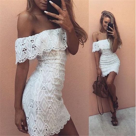 Sheath Off-the-Shoulder White Lace Homecoming Dress cg384