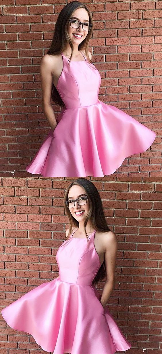 simple short pink homecoming dress with pockets cg3747