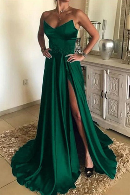 Sexy A Line Strapless Long Satin Split Prom Dresses Green cg3888