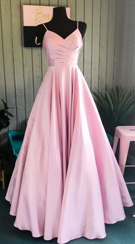 pink satin prom dress with straps, elegant long prom dress 2020 cg3890