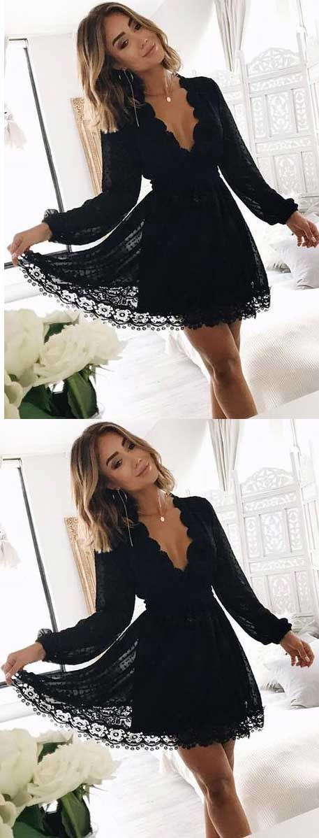 romantic homecoming dresses,deep neck long sleeves homecoming dresses,short black lace homecoming dresses cg390