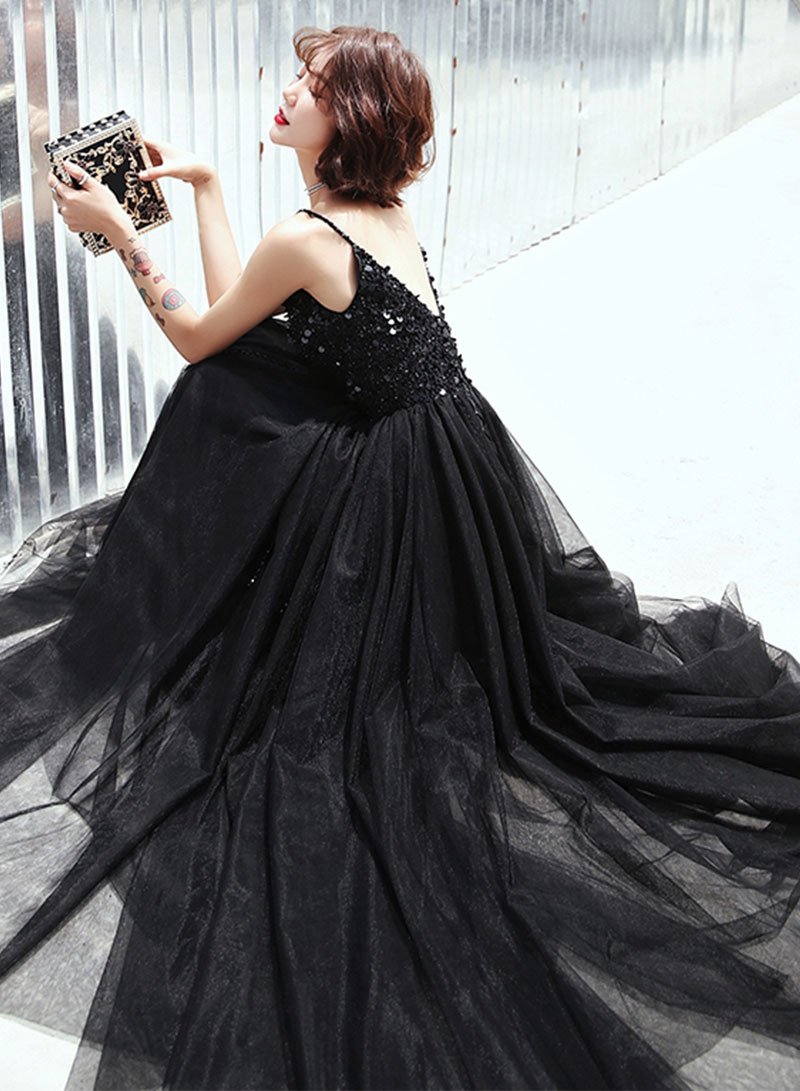 Black v neck tulle sequins long prom dress, evening dress cg3912