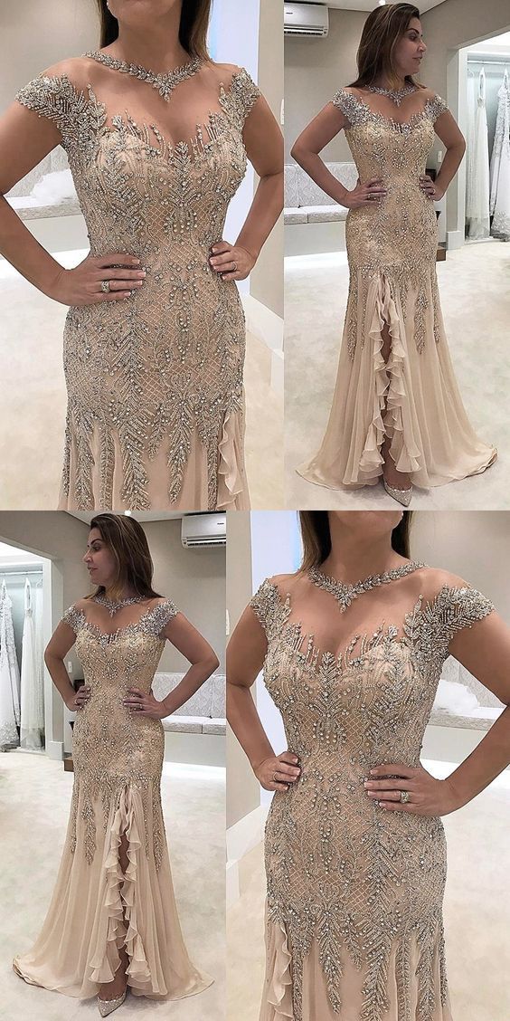 2019 Sheath Prom Dresses,Round Neck Prom Dresses,Light Champagne Prom Dresses,Chiffon Prom Dresses cg3932