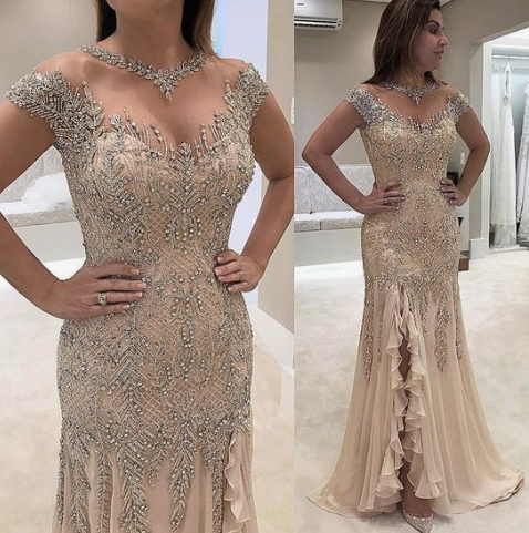 2019 Sheath Prom Dresses,Round Neck Prom Dresses,Light Champagne Prom Dresses,Chiffon Prom Dresses cg3932