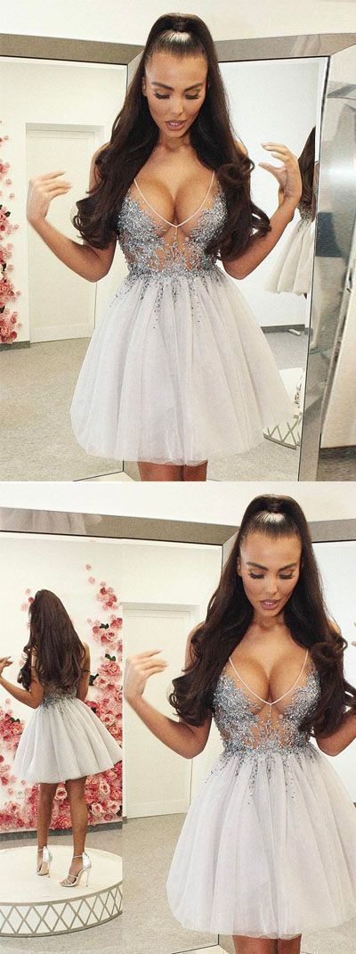 Sexy A-Line V-Neck Short Ivory Tulle Homecoming Dress with Beading cg394