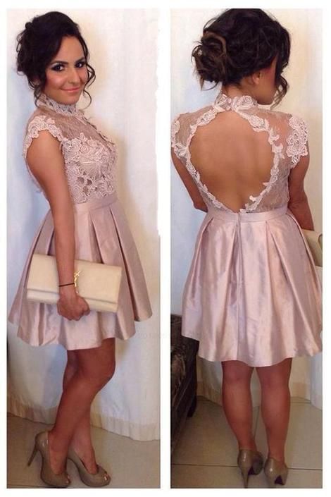 Sleeveless Lace Homecoming Dresses, High Neck Homecoming Dresses cg3949