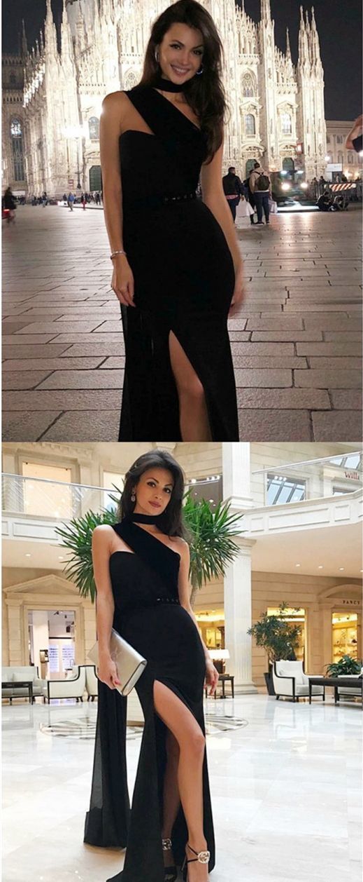 Black Sheath Split Front Long Prom Dress, Black Evening Party Dress cg3951