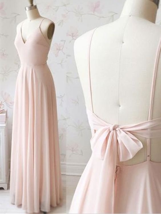 V neck Light pink chiffon long prom dress, V neck Light pink chiffon long evening dress cg3962