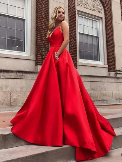 Red v neck satin long prom dress, red evening dress cg4005