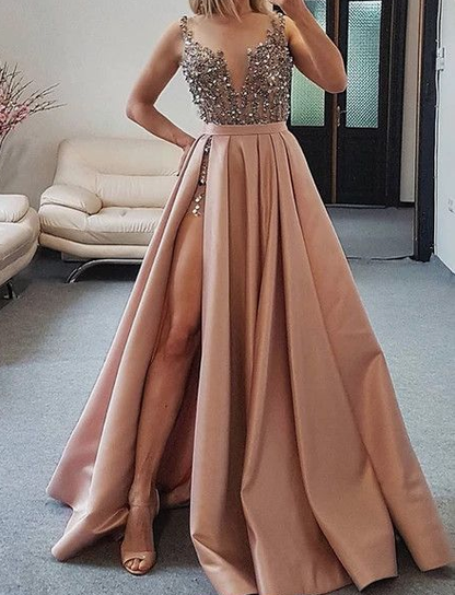 Chic A-line V neck Dusty Pink Long Prom Dress With Beading Evening Dresses cg4008