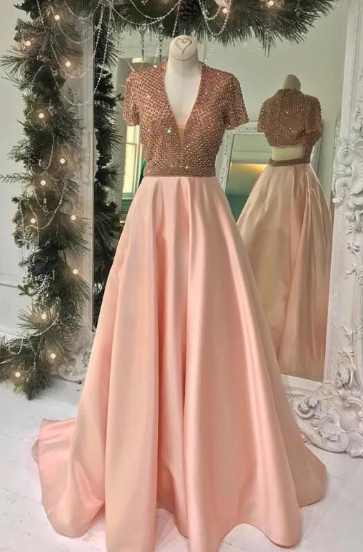 shining pink beading prom dress ,elegant short sleeve prom dress cg4057