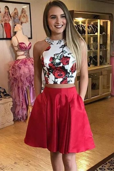 two piece floral red short homecoming dresses with pocket,simple a line knee length graduation party dress cg407