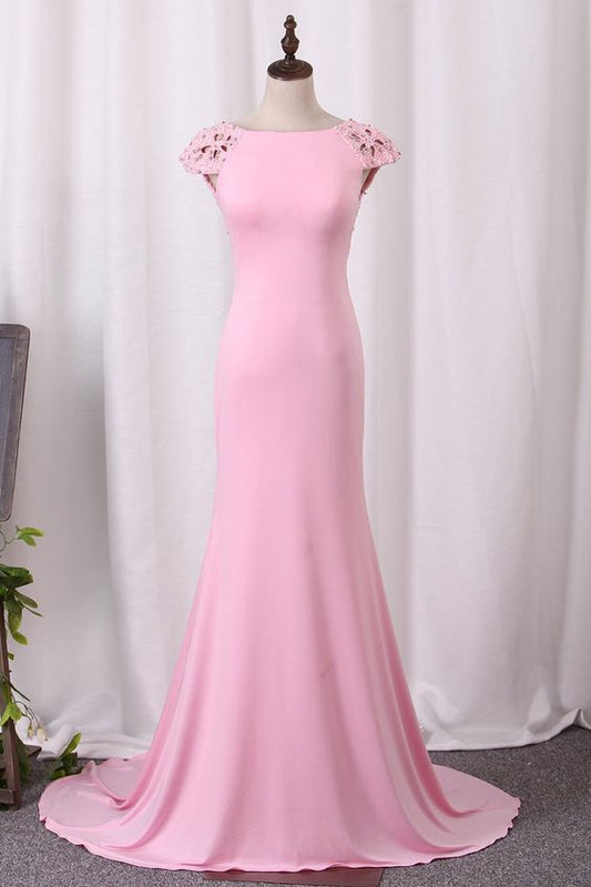 2019 Evening prom Dresses Mermaid Spandex Scoop Cap Sleeves With Beading cg4093