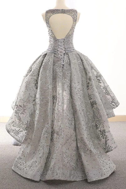 GRAY TULLE LACE HIGH LOW PROM DRESS  cg4101