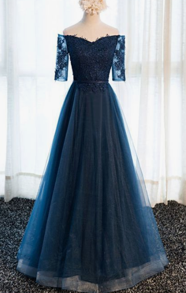 navy blue lace long prom dress, lace evening dress cg4129