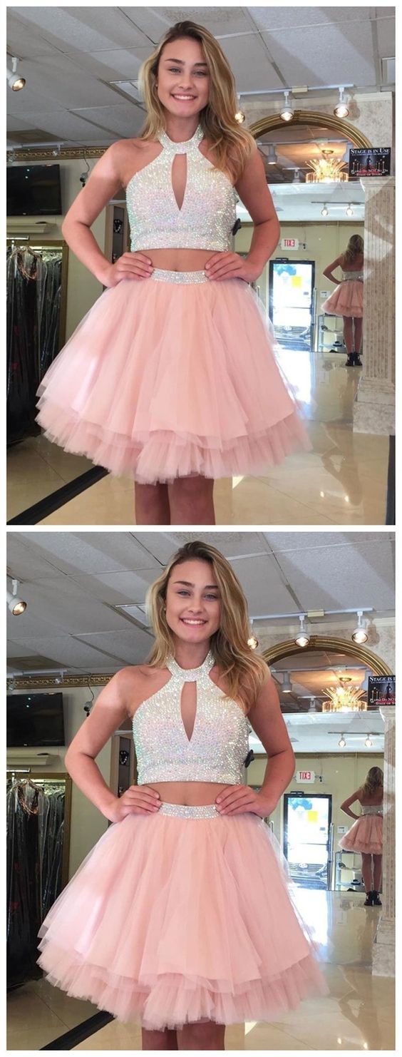 Cute Halter Two Piece Beaded Short Pink Homecoming Dresses cg419