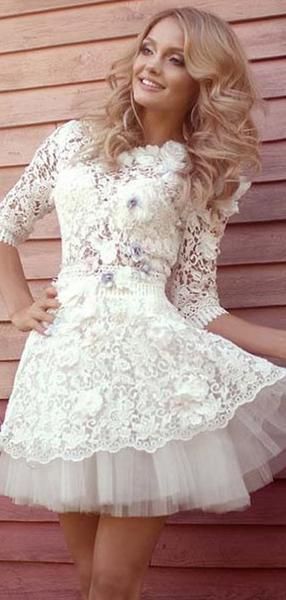 A-Line Round Neck Half Sleeves Lace Homecoming Dresses With Flowers cg4208