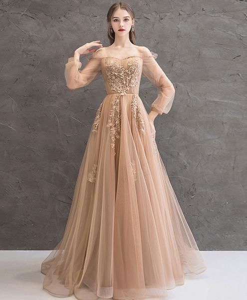 Champagne tulle lace long prom dress champagne tulle evening dress cg4229