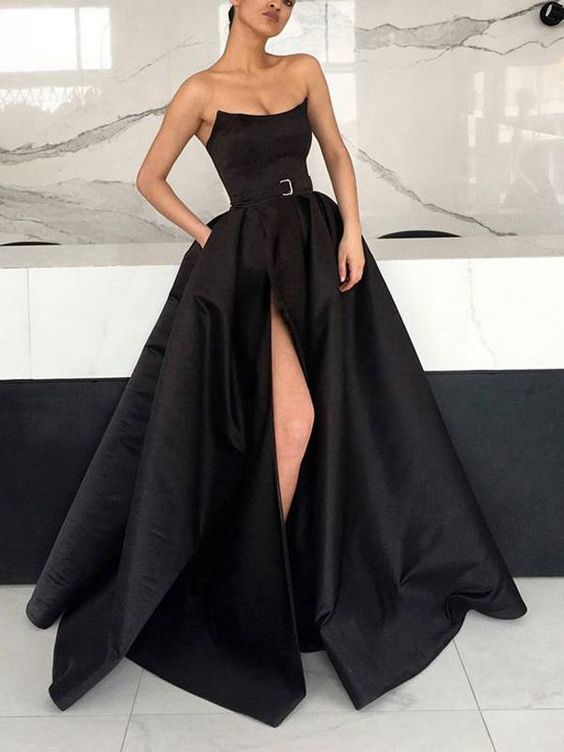 Simple black long prom dress with slit cg4246