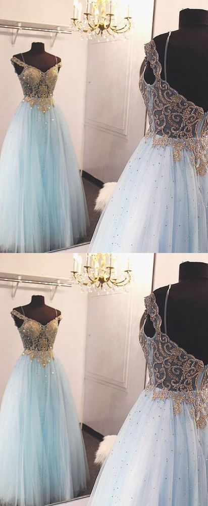 Light Blue Beaded Tulle Long Prom Dress, Formal Evening Dress cg4267