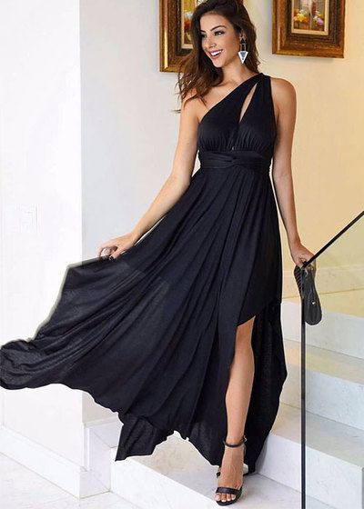Black Chiffon One Shoulder Prom Dresses A-line Long Cheap Evening Formal Dress High Slit Sexy Party Dresses for Women cg4272