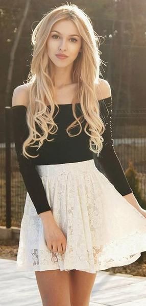 Two Piece Ivory Lace Long Sleeves Homecoming Dress ,Short homecoming Dresses cg429