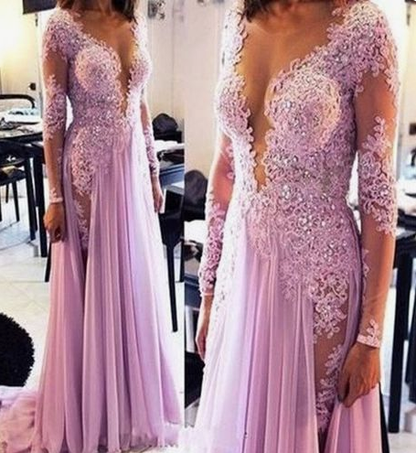 2019 Long Sleeve V neck Chiffon Appliques Evening Dress, Formal Prom Dress, Sexy Evening Gown cg4320