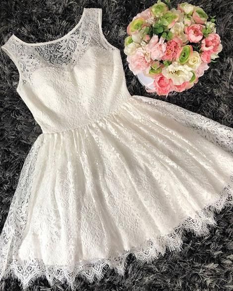 Scoop ivory lace A-line homecoming dress, lace short dress  cg4338