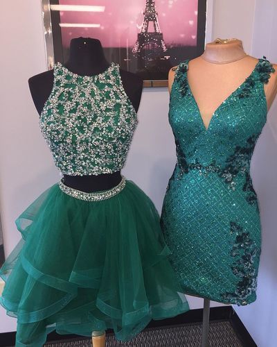Elegant Short Beaded Homecoming Dress, Tulle Party Gown, Green Two Piece  Dress  cg4360
