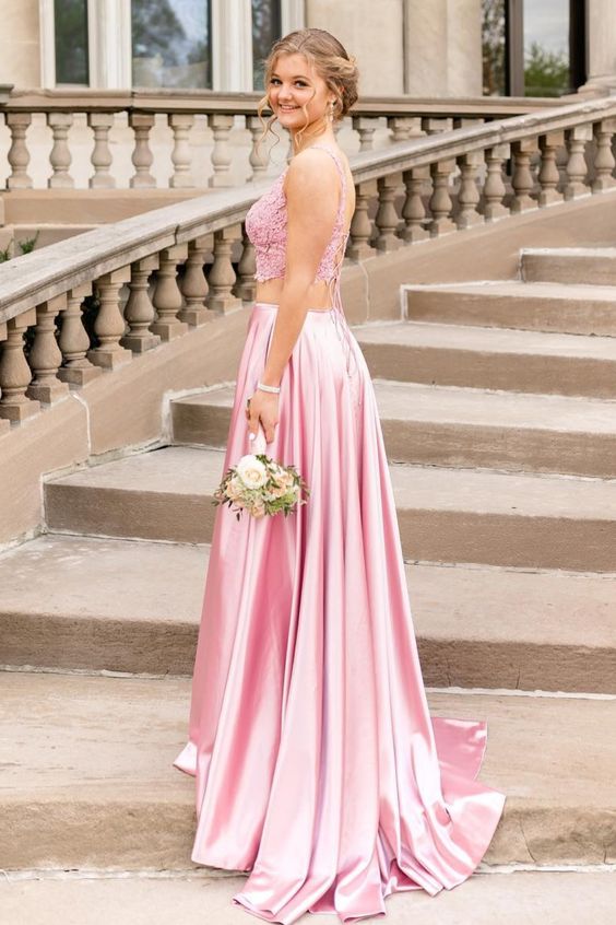Princess Two Piece Pink Long Prom Dresses, Formal Dress Pink  cg4389