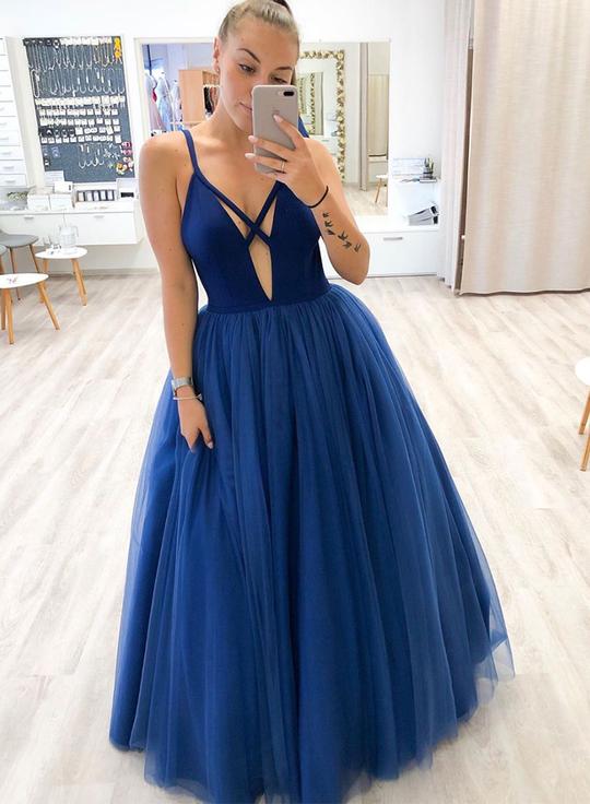 Blue v neck tulle long prom dress, blue formal dress cg4402