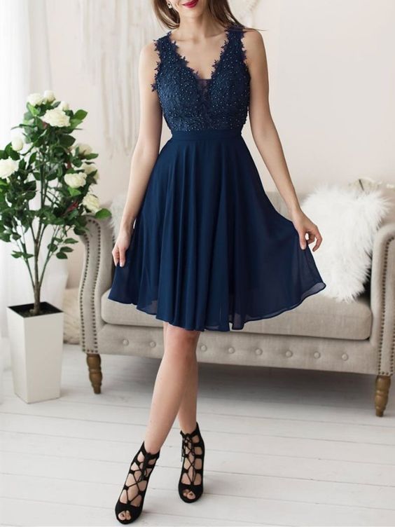 V neck dark blue chiffon lace short party dress, Beaded lace short graduation homecoming dress cg4440