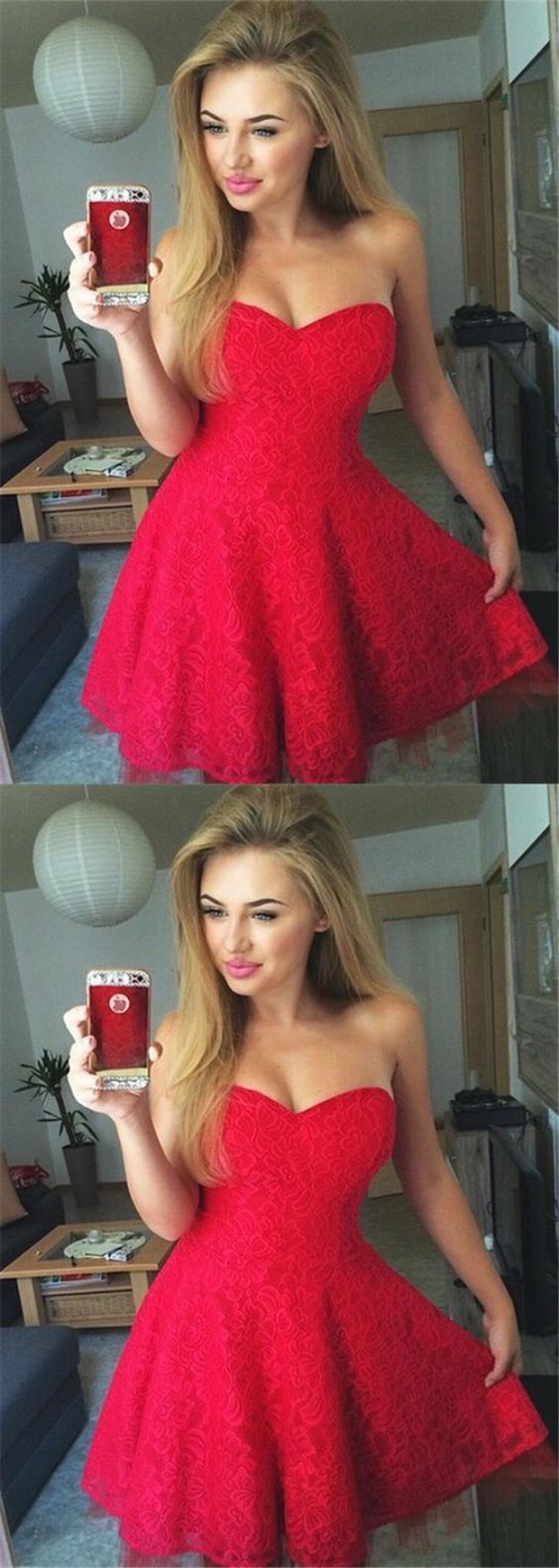 A-Line Sweetheart Sleeveless Short Red Lace Homecoming Dress cg4442