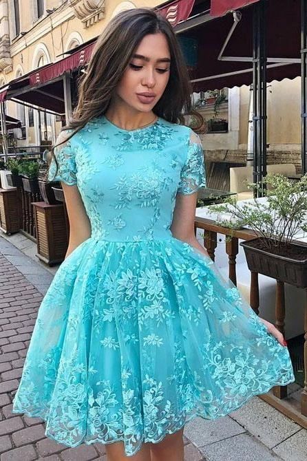 formal lace homecoming dresses short, short sleeves graduation party dresses, simple blue homecoming dresses for teens cg4445