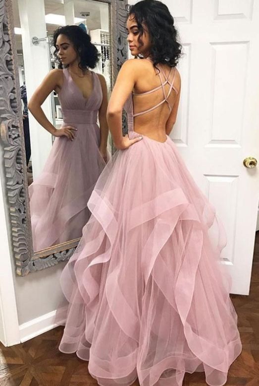 Simple pink tulle long prom dress, pink tulle evening dress cg448