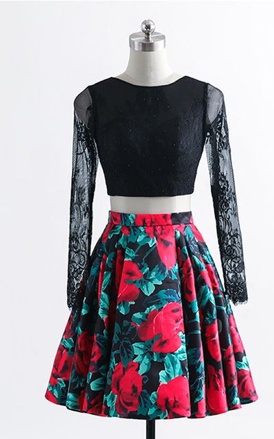 Black Red Floral Print Satin Ball Gown Two Piece Short Homecoming Dress cg4493