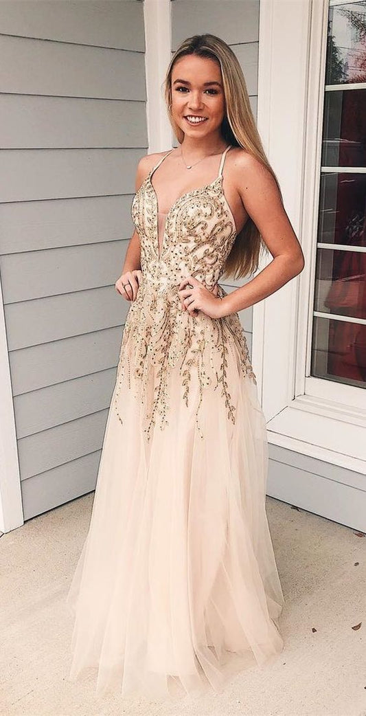 A-Line Spaghetti Straps Light Champagne Long Prom Dress with Appliques Beading cg450